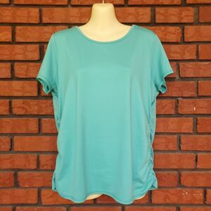 Lands End Sport Top Sz L 14-16 Teal Green Short Sleeve Tee Ruched Side Casual
